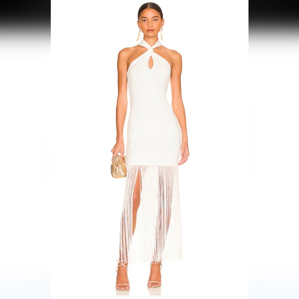 $375 Alice & Olivia Step Twist Neck Fringe Dress Off White Halter has st…